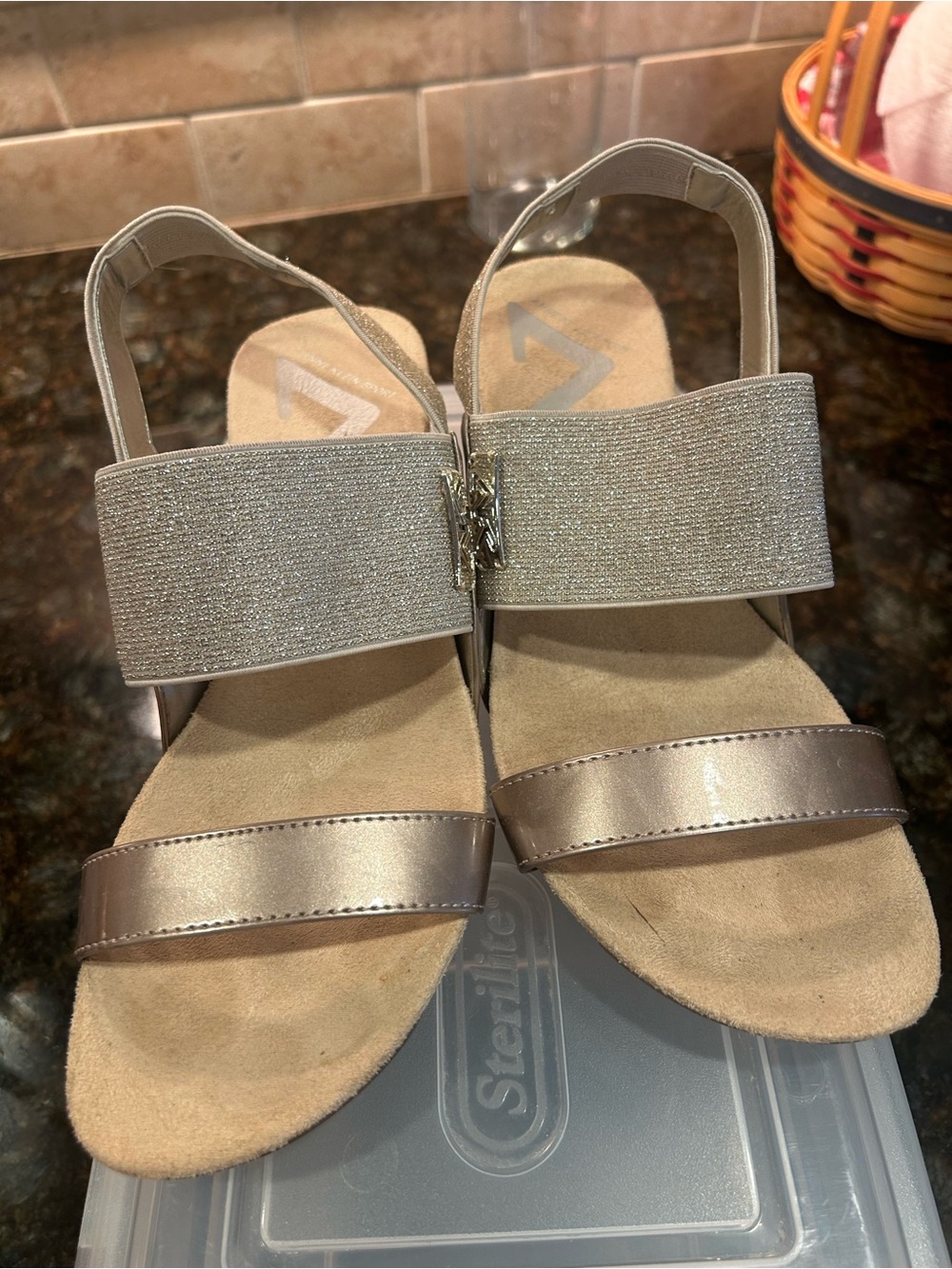 Anne Klein Sport Pewter Metallic Slingback Sandals
